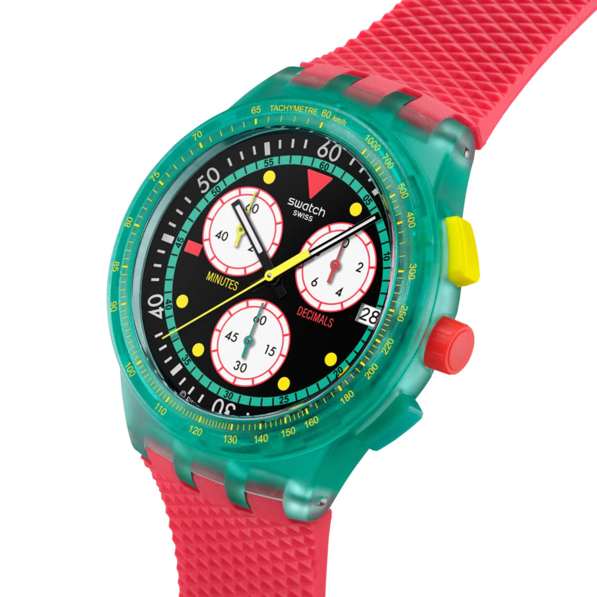 Swatch chronograph wristwatch in red silicone strap, teal case, black dial.