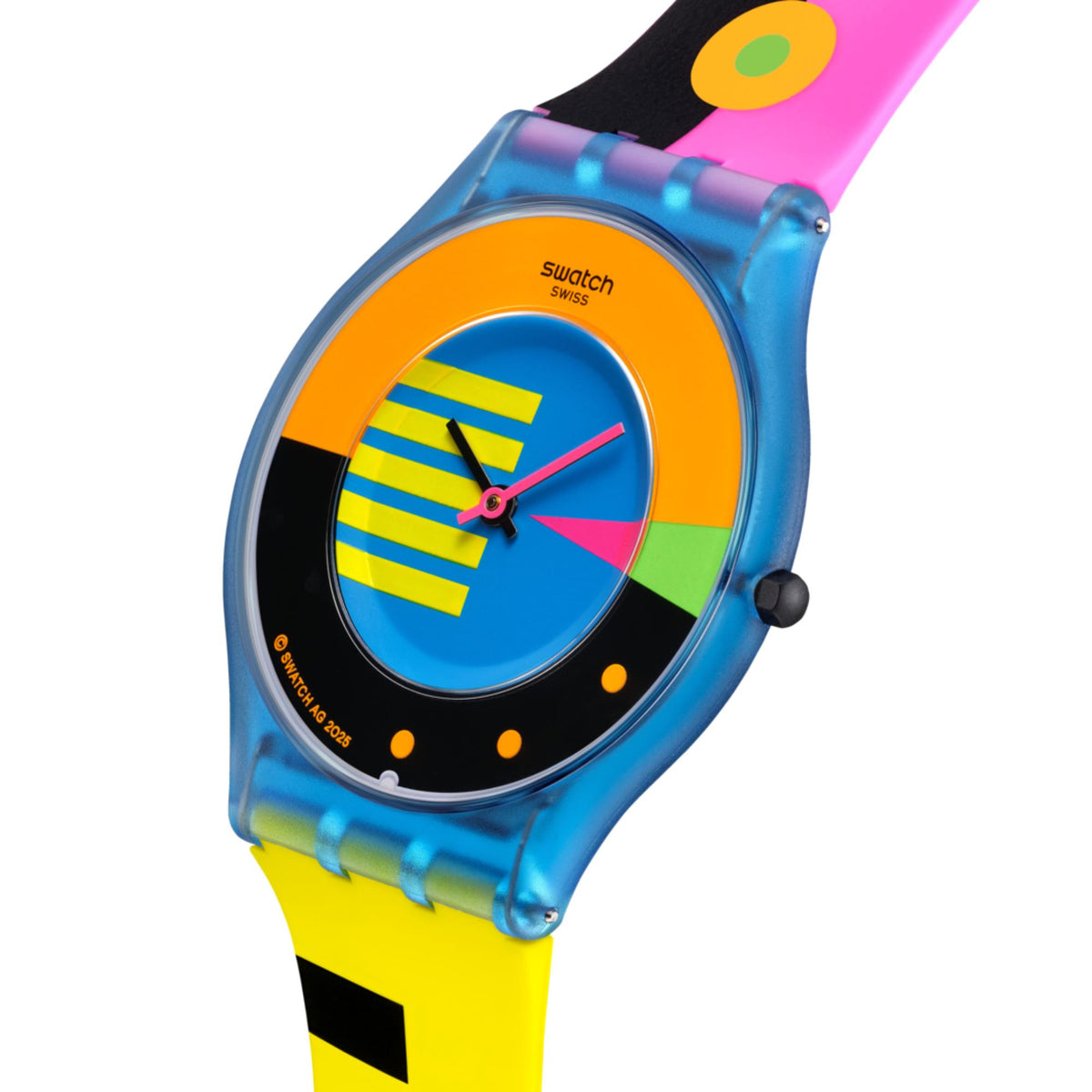Swatch quartz watch with blue silicone case, pink strap end, and orange dial ring