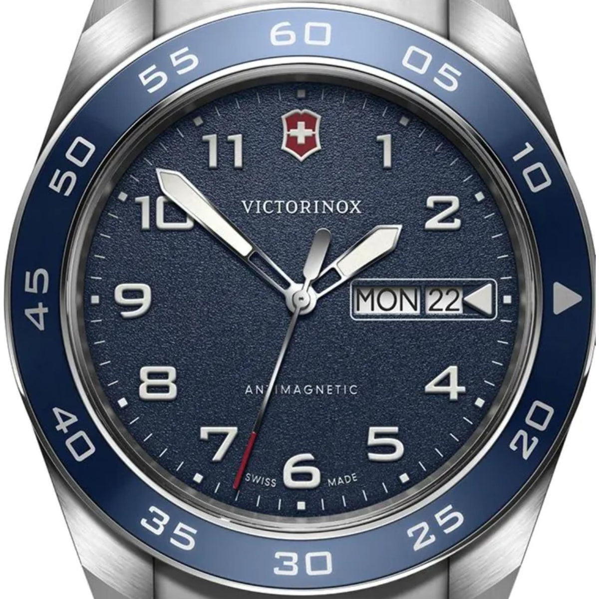 Victorinox Swiss Army 42mm watch blue dial with date window and stainless steel bezel