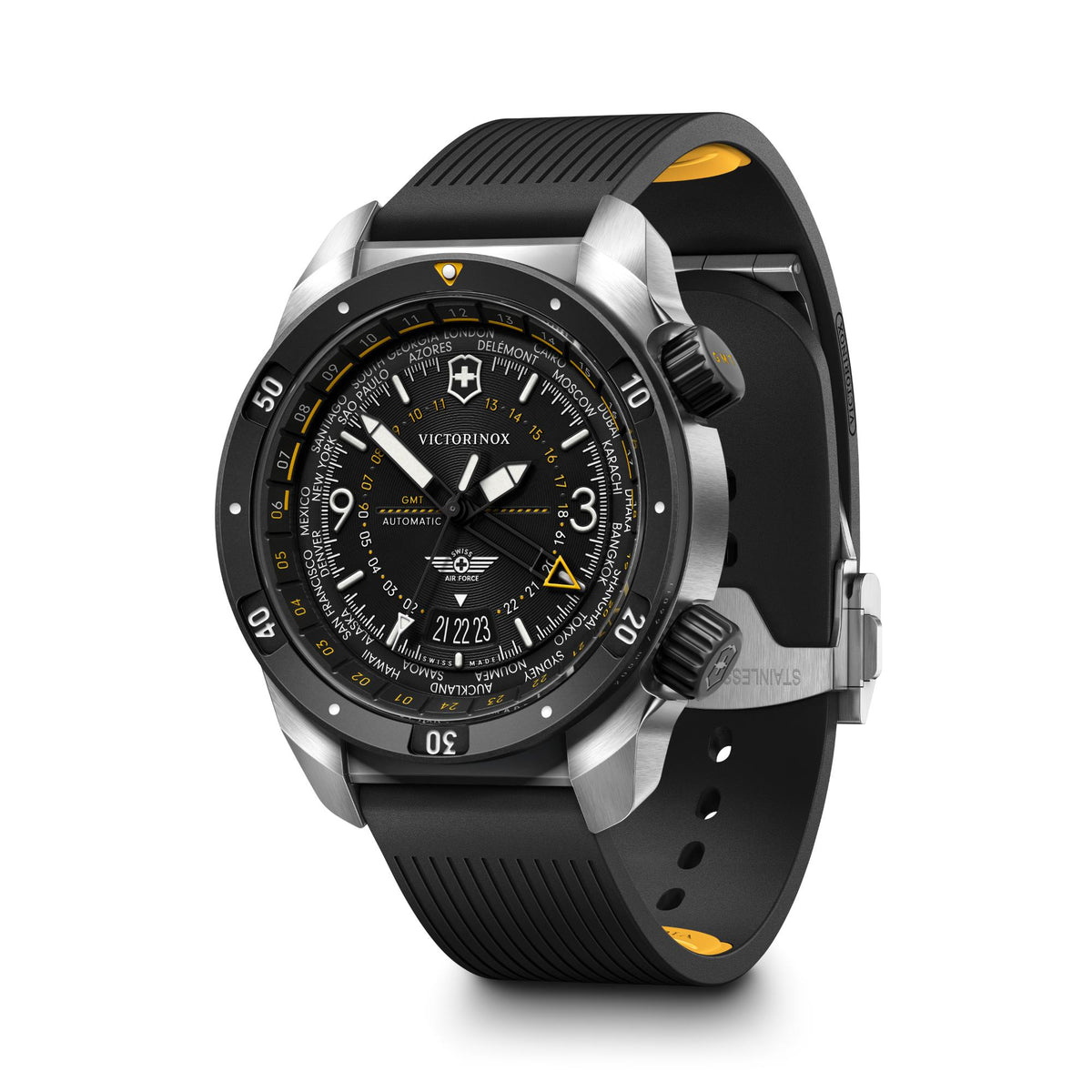 Men’s automatic GMT watch, black dial with steel case and black ribbed rubber strap