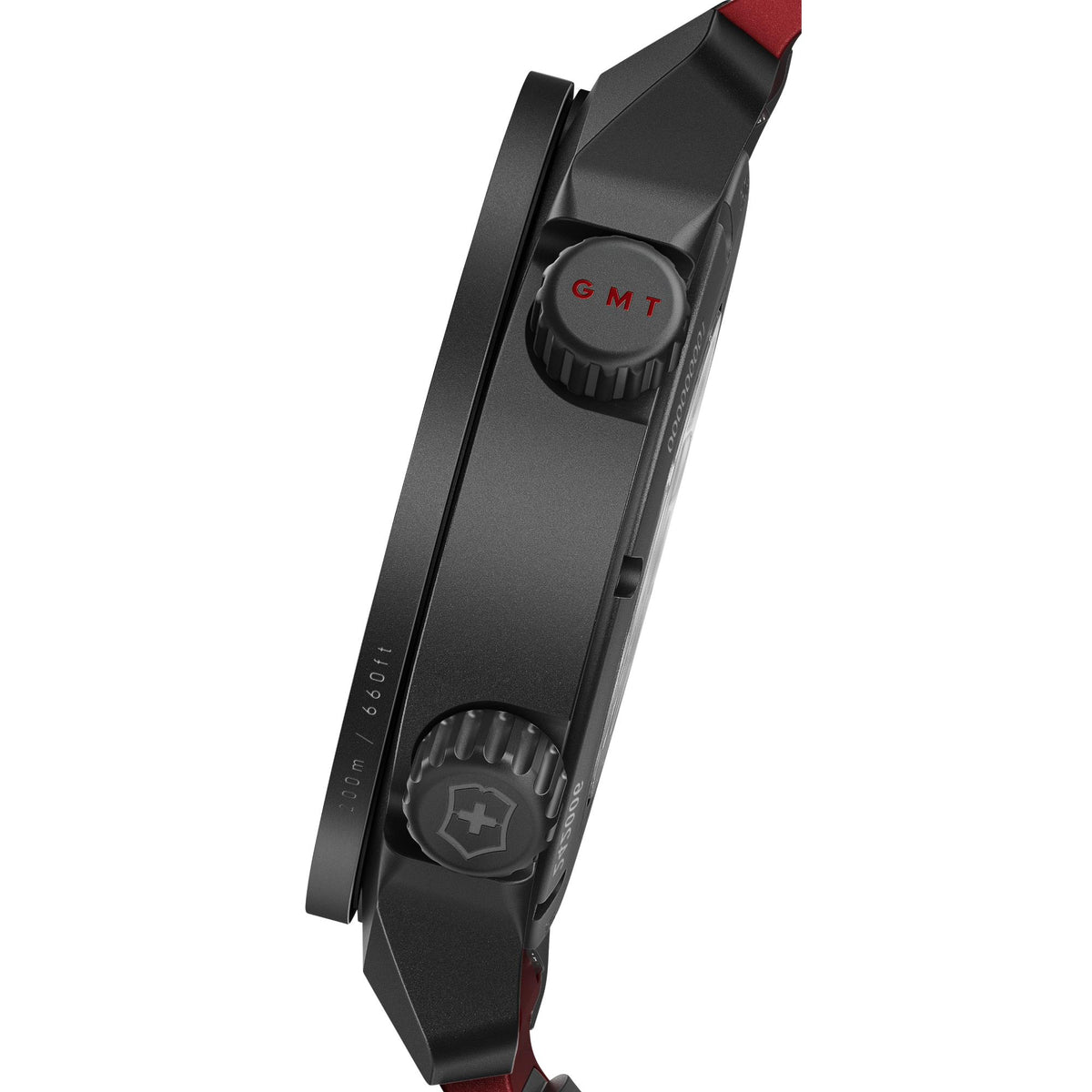 Men's automatic GMT watch side view with crown and GMT marker on black case, red strap