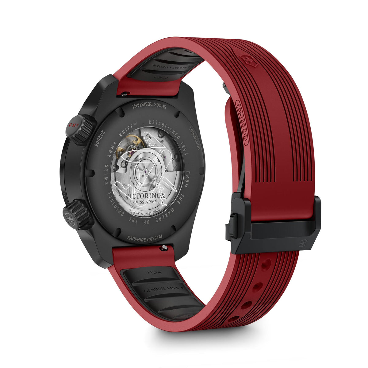 Men's automatic GMT watch open-back view with black case and red rubber strap