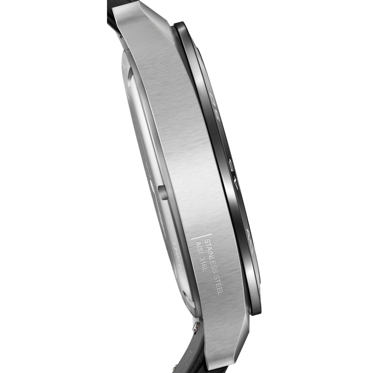 Metal watch case side with textured finish and strap lugs