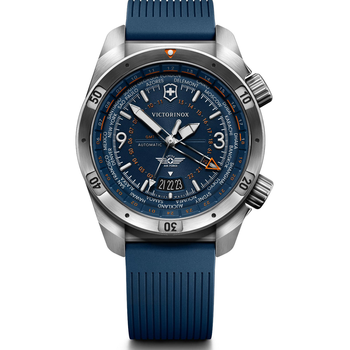 Victorinox Air Pro 242003 43mm GMT automatic watch with blue dial and blue rubber strap front view