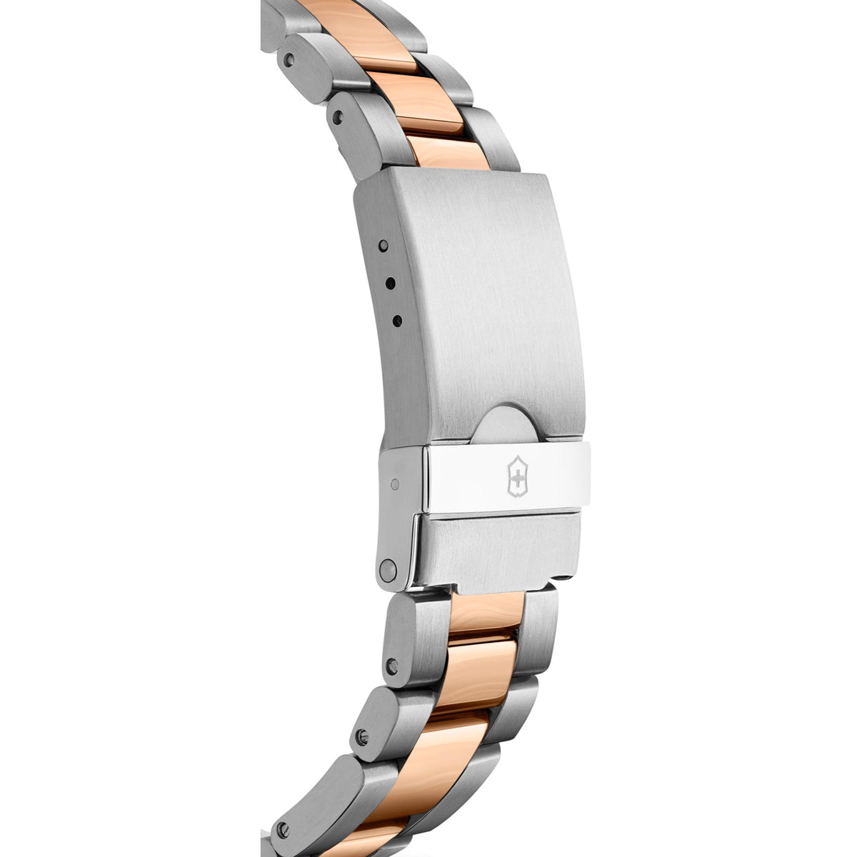 Bracelet clasp view with stainless steel links and rose-gold accent bands