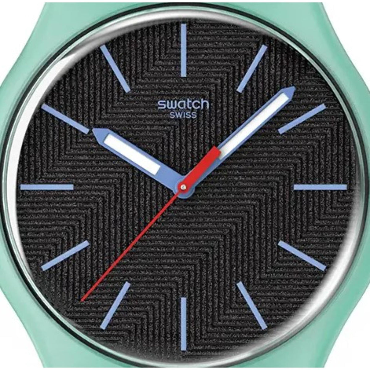 Close-up quartz watch dial with black texture, blue hour markers, and red second hand