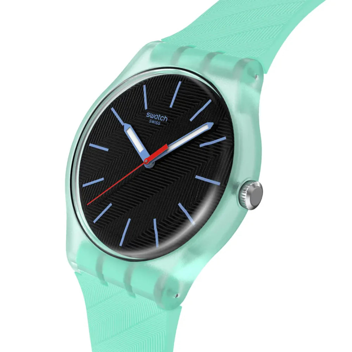 Teal silicone strap quartz watch with black dial, blue hands, and silver case