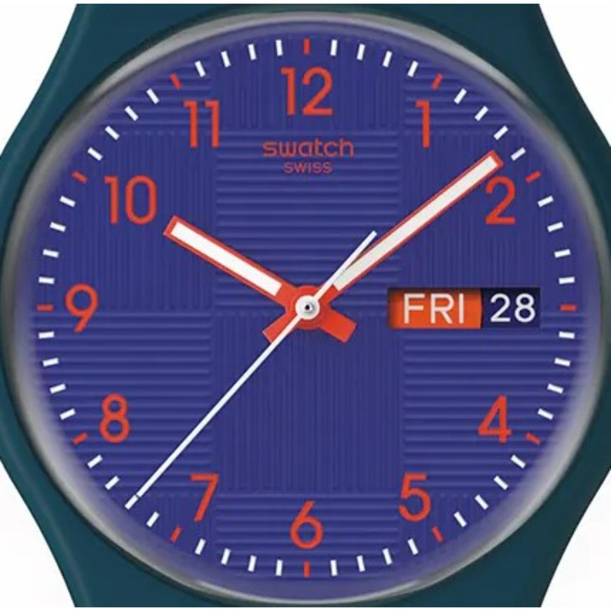 Blue dial Swatch watch with orange hour markers and date window