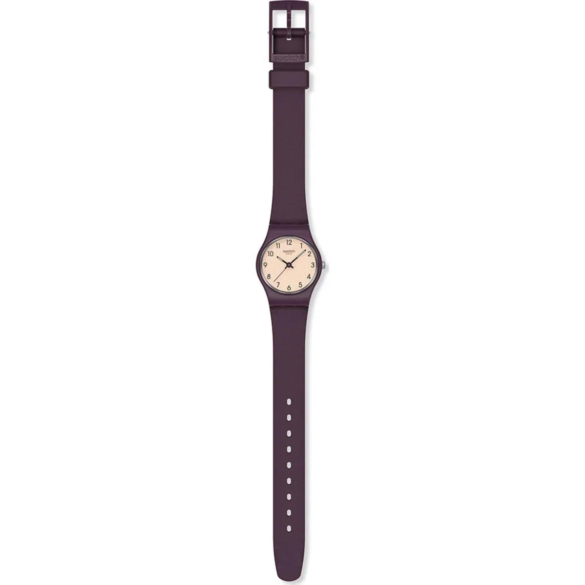 Swatch quartz watch with beige dial and dark purple silicone strap, straight-on view