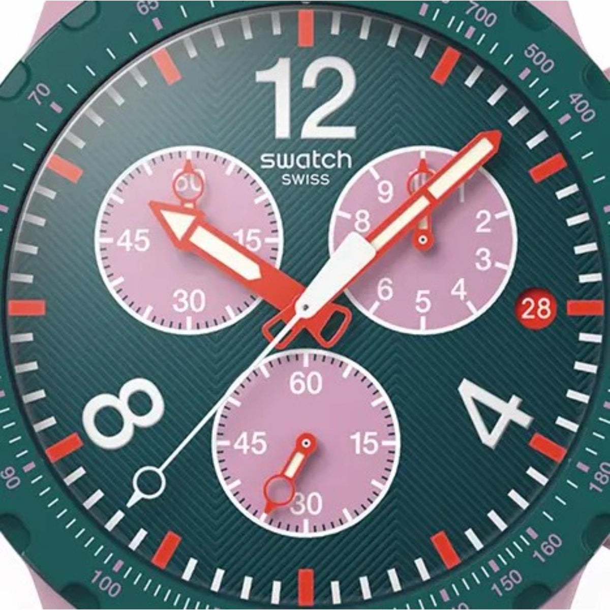 Swatch chronograph watch face with green dial, red accents, and three subdials