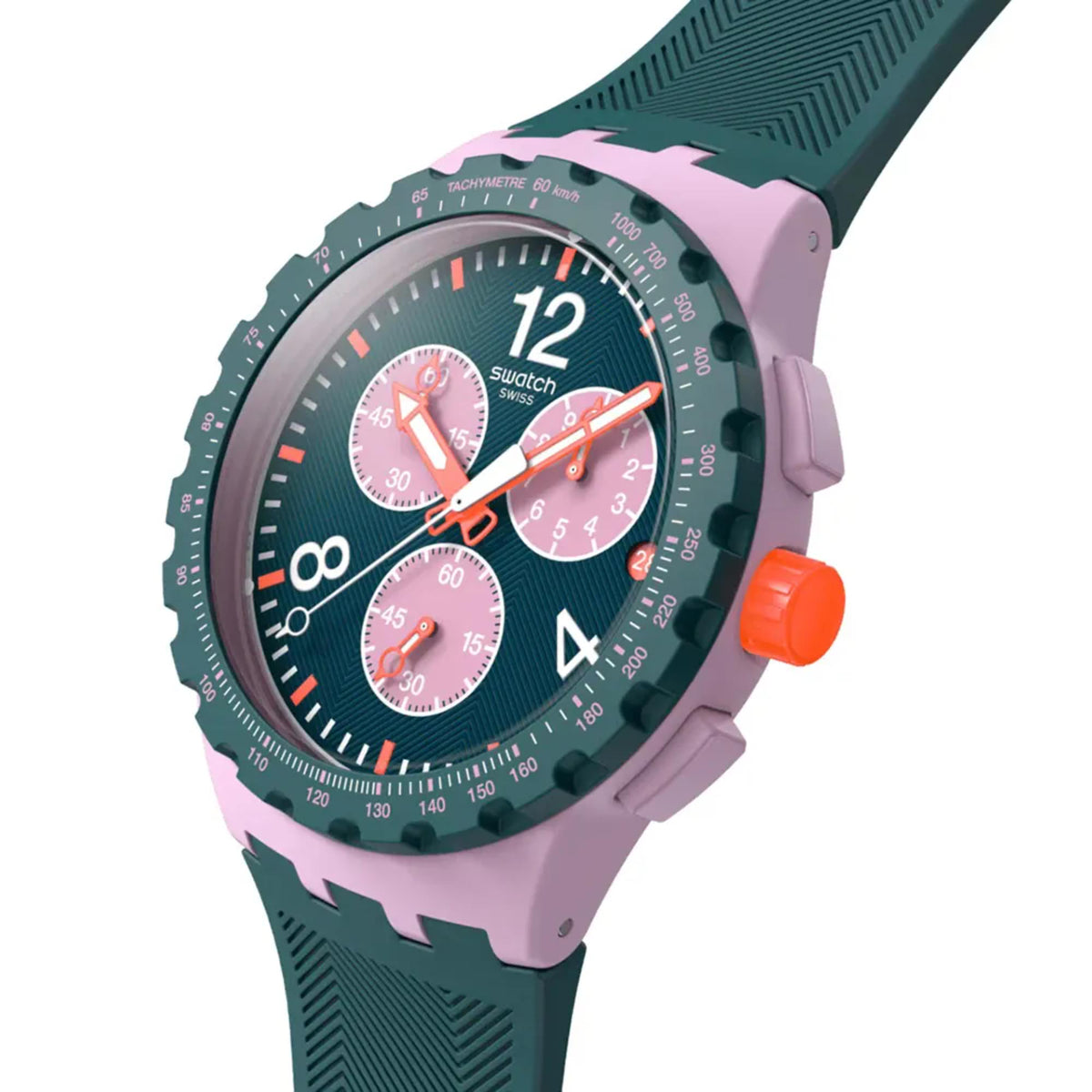 Green dial chronograph watch with green silicone strap and side button, angled view