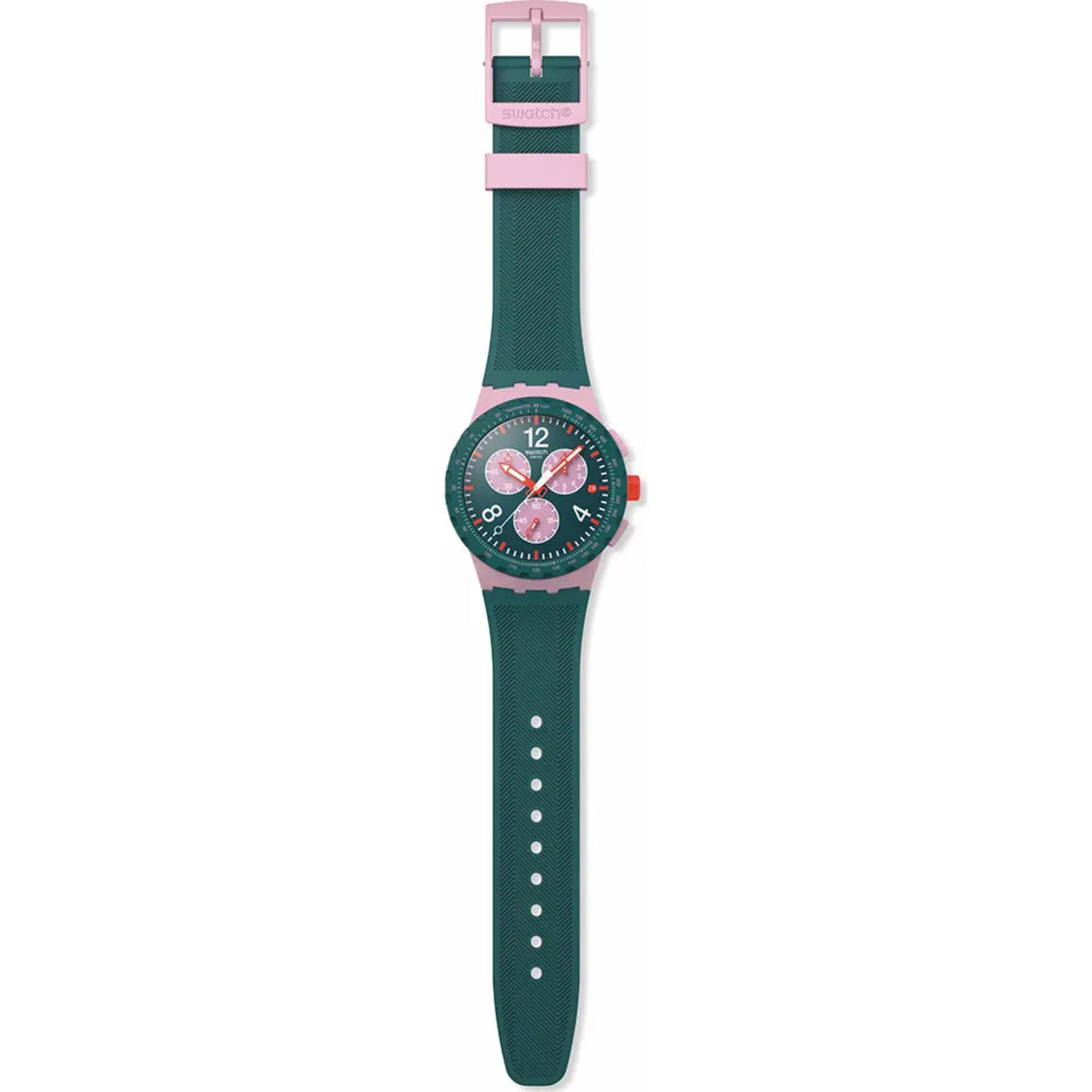 Green dial Swatch chronograph watch with green silicone strap and pink case accents