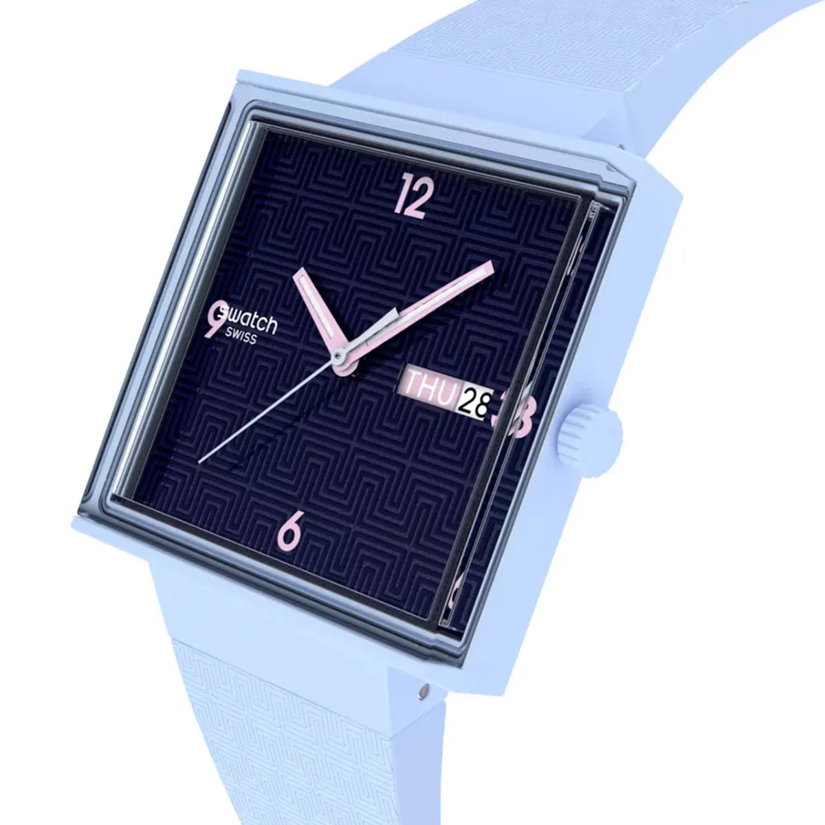 Square quartz watch with blue dial, pink accents, and light blue silicone strap