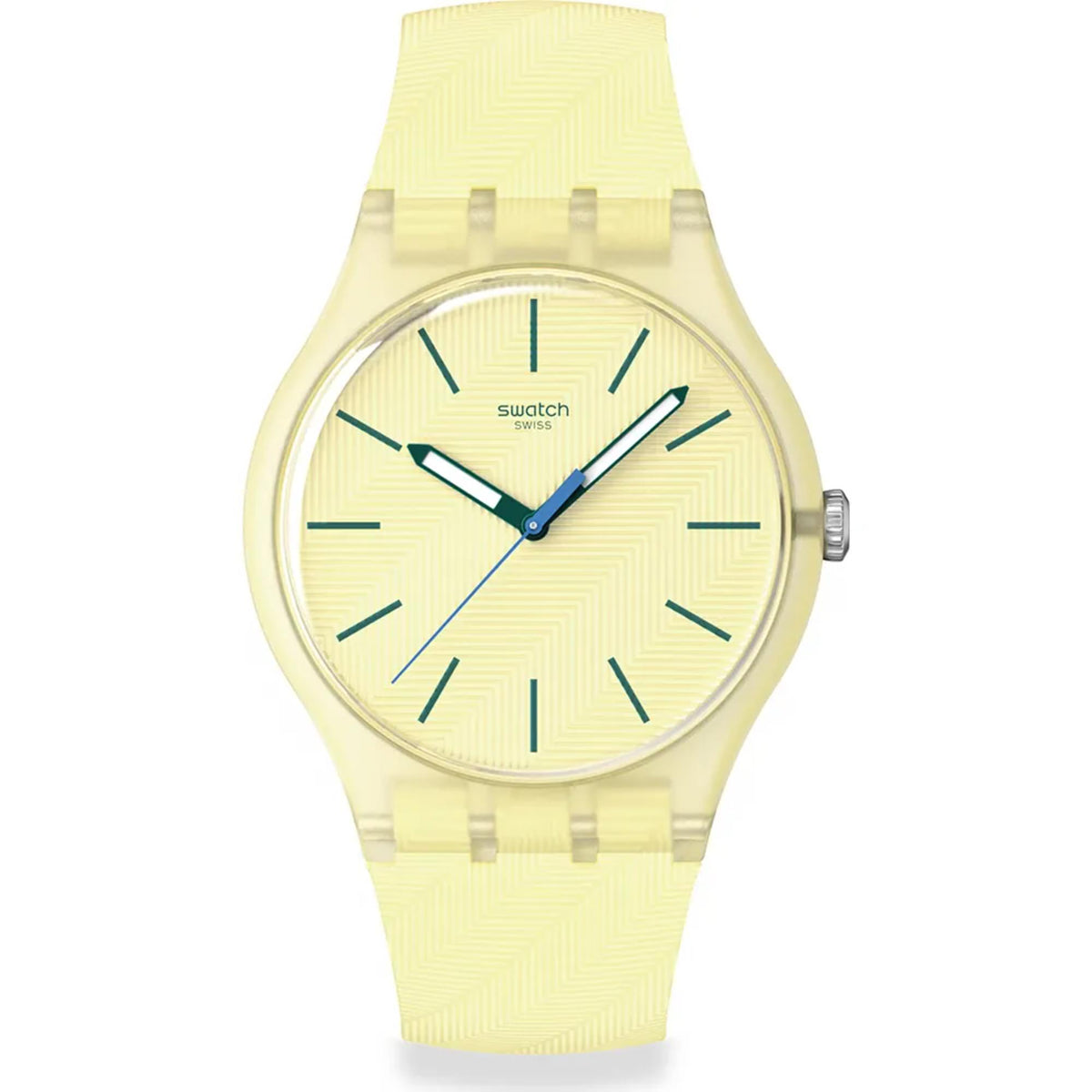 Yellow silicone strap quartz watch with round case, light yellow dial and teal hands