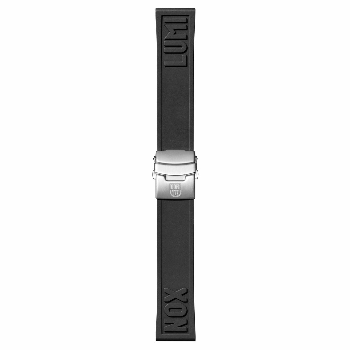 Black rubber watch strap with deploy buckle and LUMINOX lettering