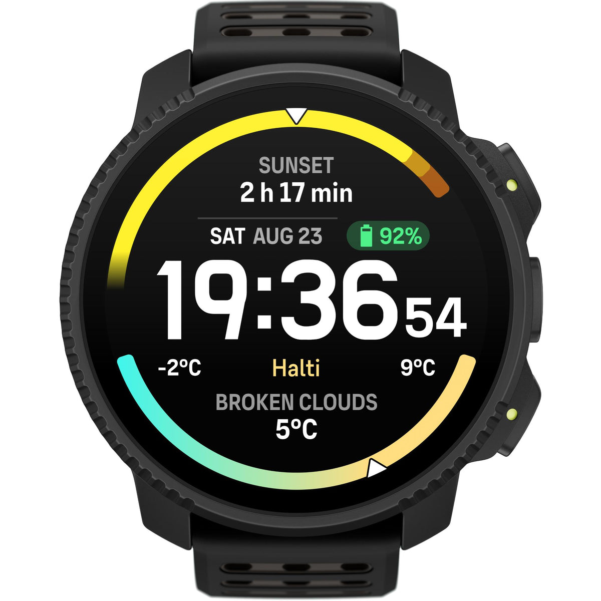 Suunto Vertical 2 All Black SS051204000 digital dial displaying time, battery level, and weather conditions