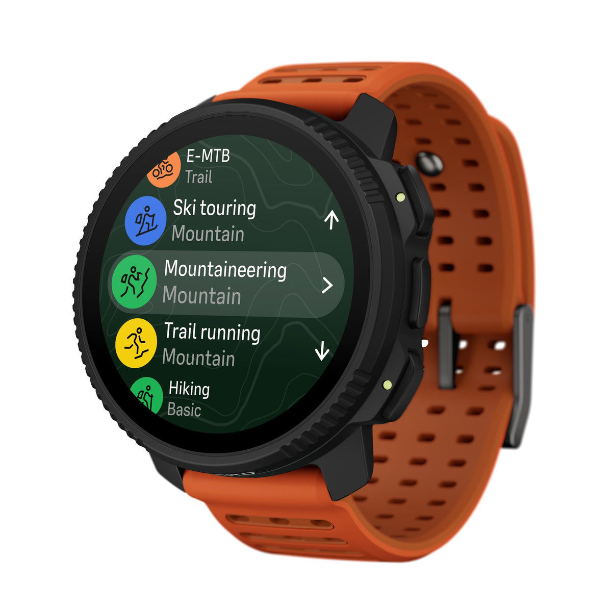 Suunto Vertical 2 Canyon SS051206000 AMOLED Digital Silicone Strap Smart Watch angled perspective displaying sports mode menu
