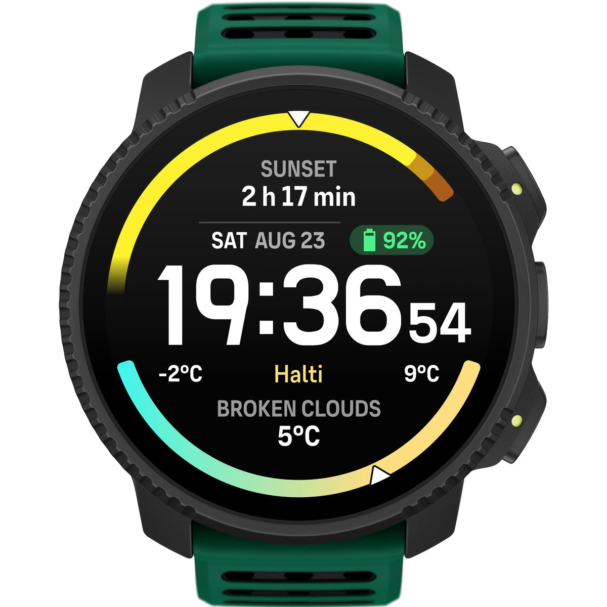 Suunto Vertical 2 SS051207000 front view displaying digital time interface with Pine Green silicone strap