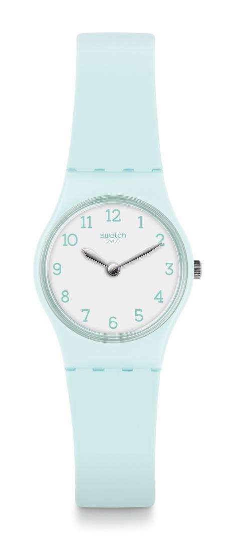 Girls silicone strap watch, front view with light-green strap, white dial and numeral markers