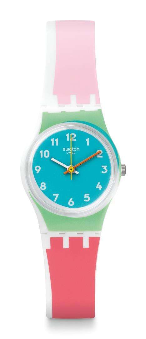 Girls' wristwatch with teal dial, orange hands, white hour markers, green-and-pink silicone band.