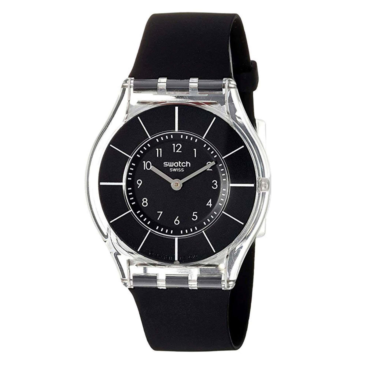 Swatch black dial wristwatch with silver-toned case and black silicone strap