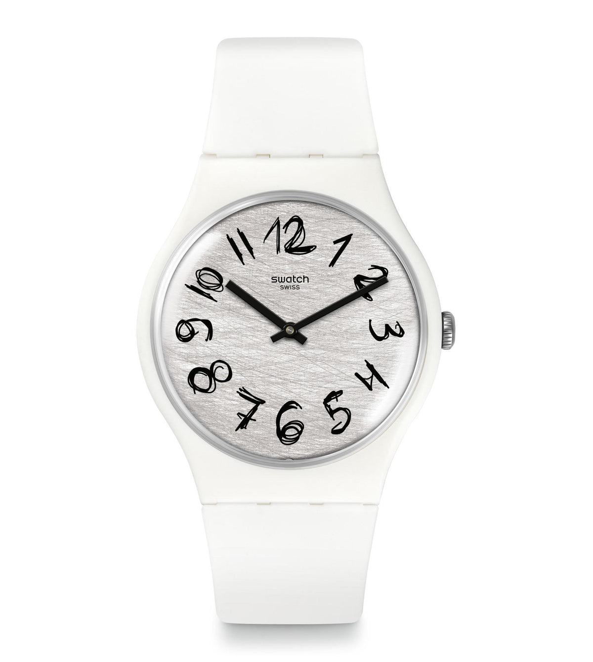 Round ladies analog watch with white strap, grey dial, black numerals, crown detail