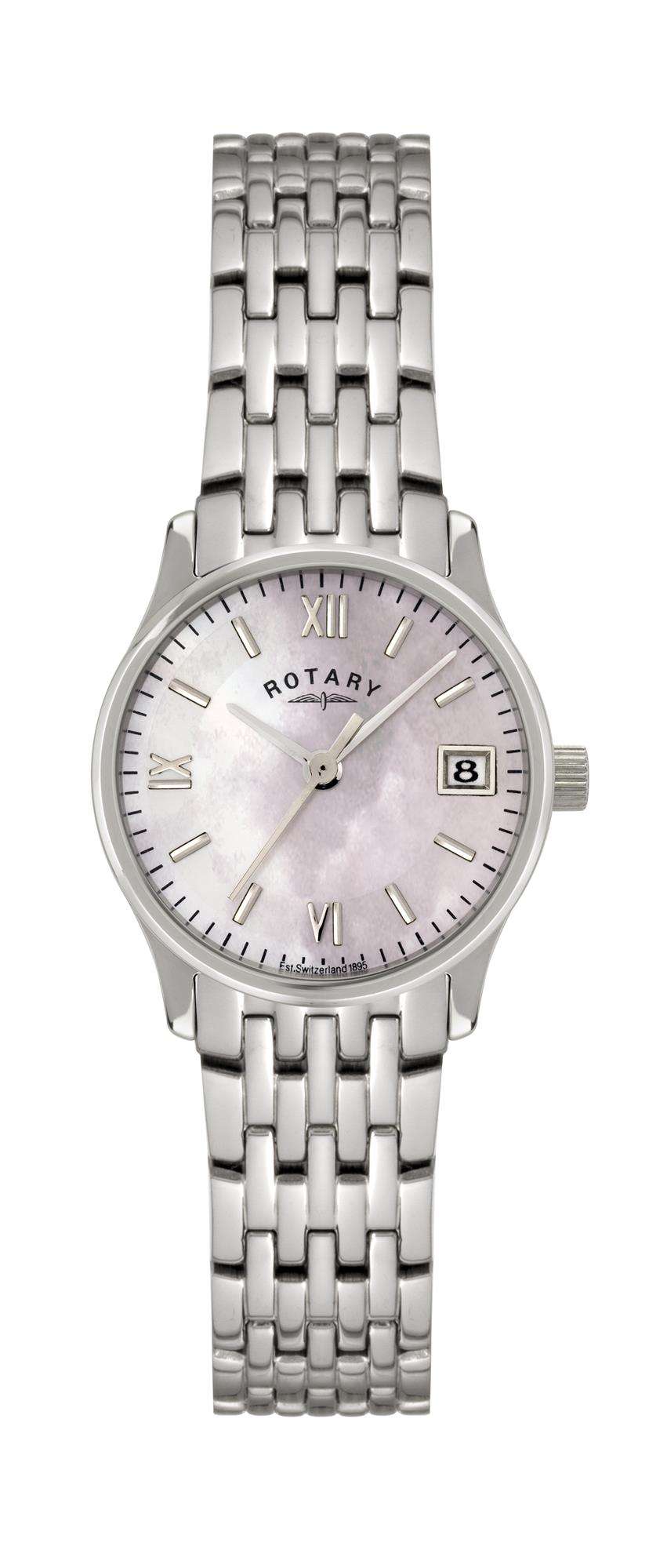 Stainless steel bracelet watch with light mother-of-pearl dial and Roman numerals