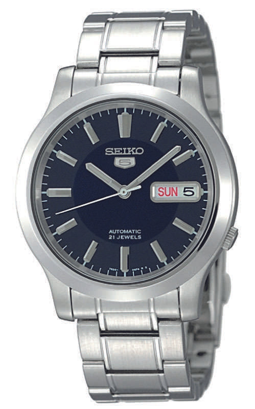 Stainless steel men's automatic watch with dark blue dial, baton markers, and SUN 5 date window
