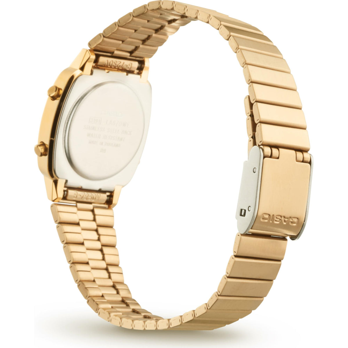 Gold-tone ladies watch side view with stainless link bracelet and clasp