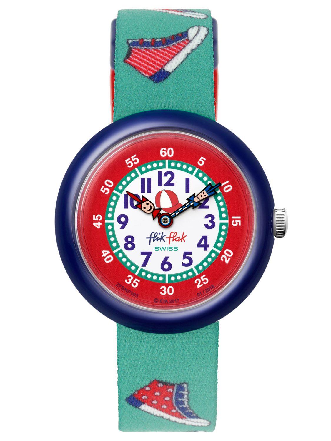 Kids plastic wristwatch, blue bezel and green strap with red fish applique