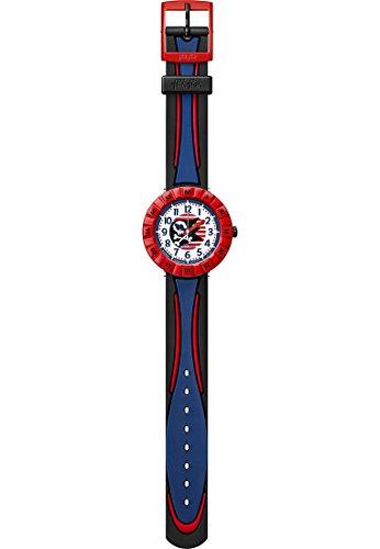 Kids wristwatch with red buckle and blue-black perforated strap