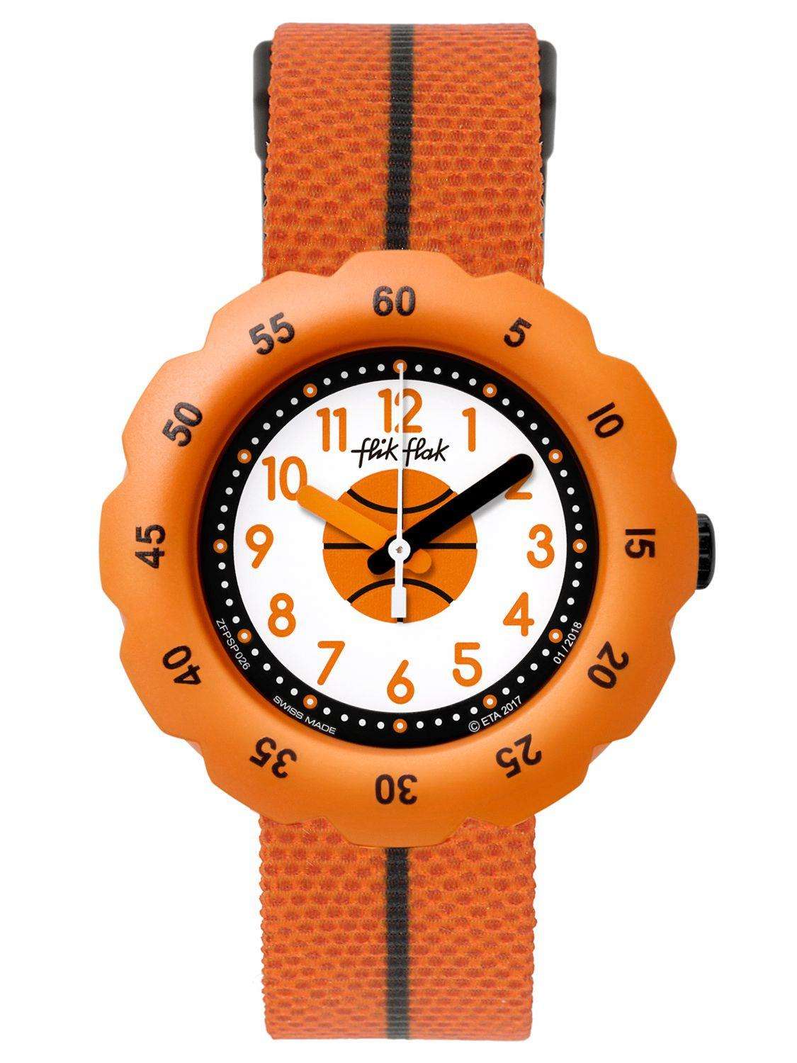 Flik Flak kids' watch: orange fabric strap, orange dial, black bezel with Arabic numerals.