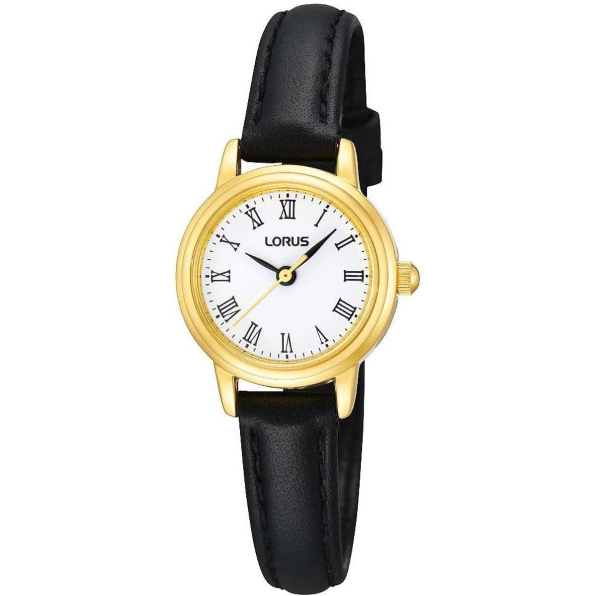 Round gold-tone ladies watch on black leather strap with white dial and roman numerals