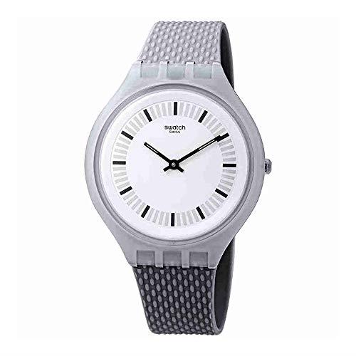 Grey Swatch men’s watch with textured grey silicone strap and white dial, black hands.