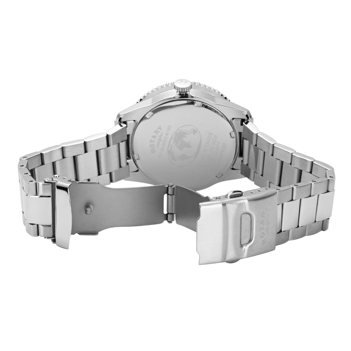 Silver stainless steel men's watch with metal link bracelet and round case back