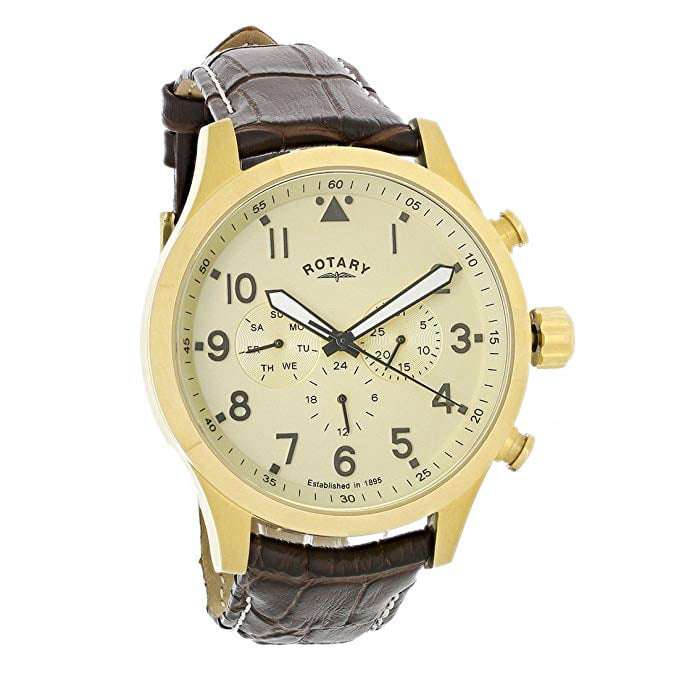 Men's Rotary round gold-tone watch with brown leather strap, multi-dial face and gold hands