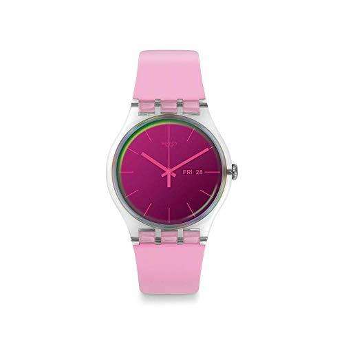 Pink silicone wristwatch with round silver bezel, deep purple dial and day/date window
