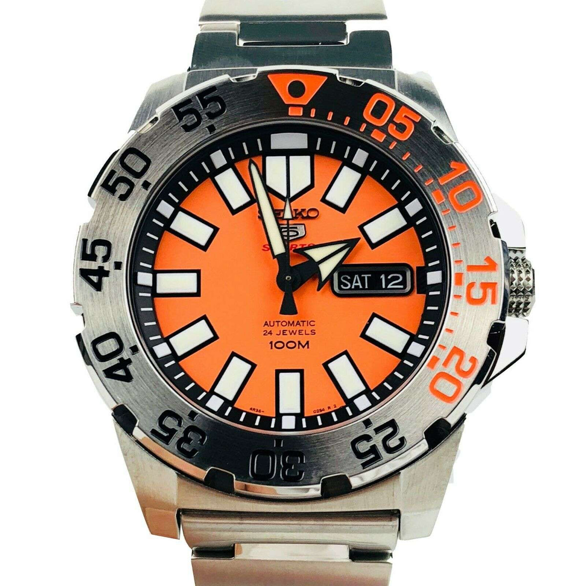 Orange dial stainless steel diver watch with black bezel and orange seconds markers