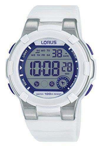 White rubber-strap digital sport watch showing time, date, and seconds on blue display