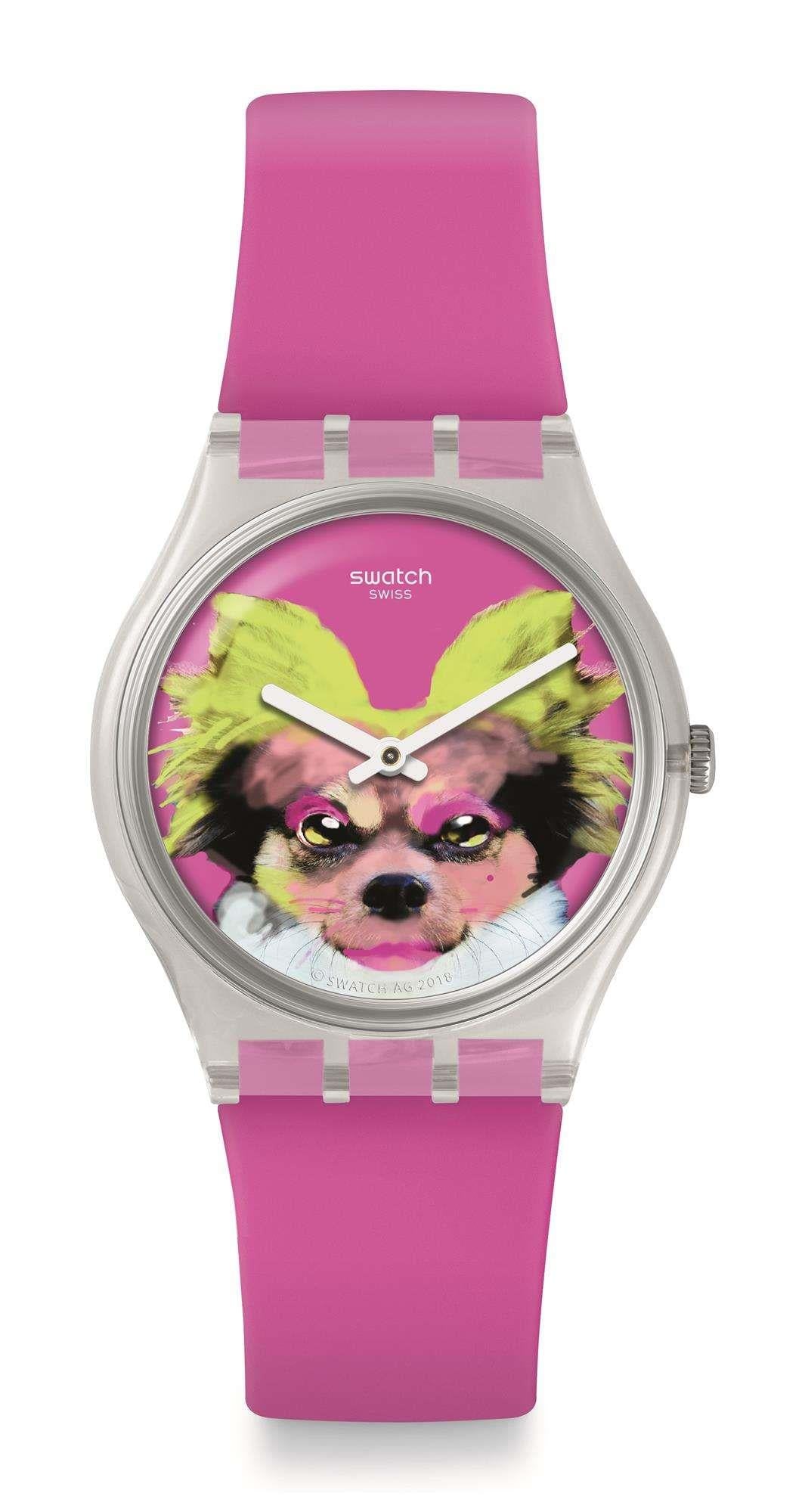 Girls pink silicone strap watch with round dial featuring dog artwork and white hands