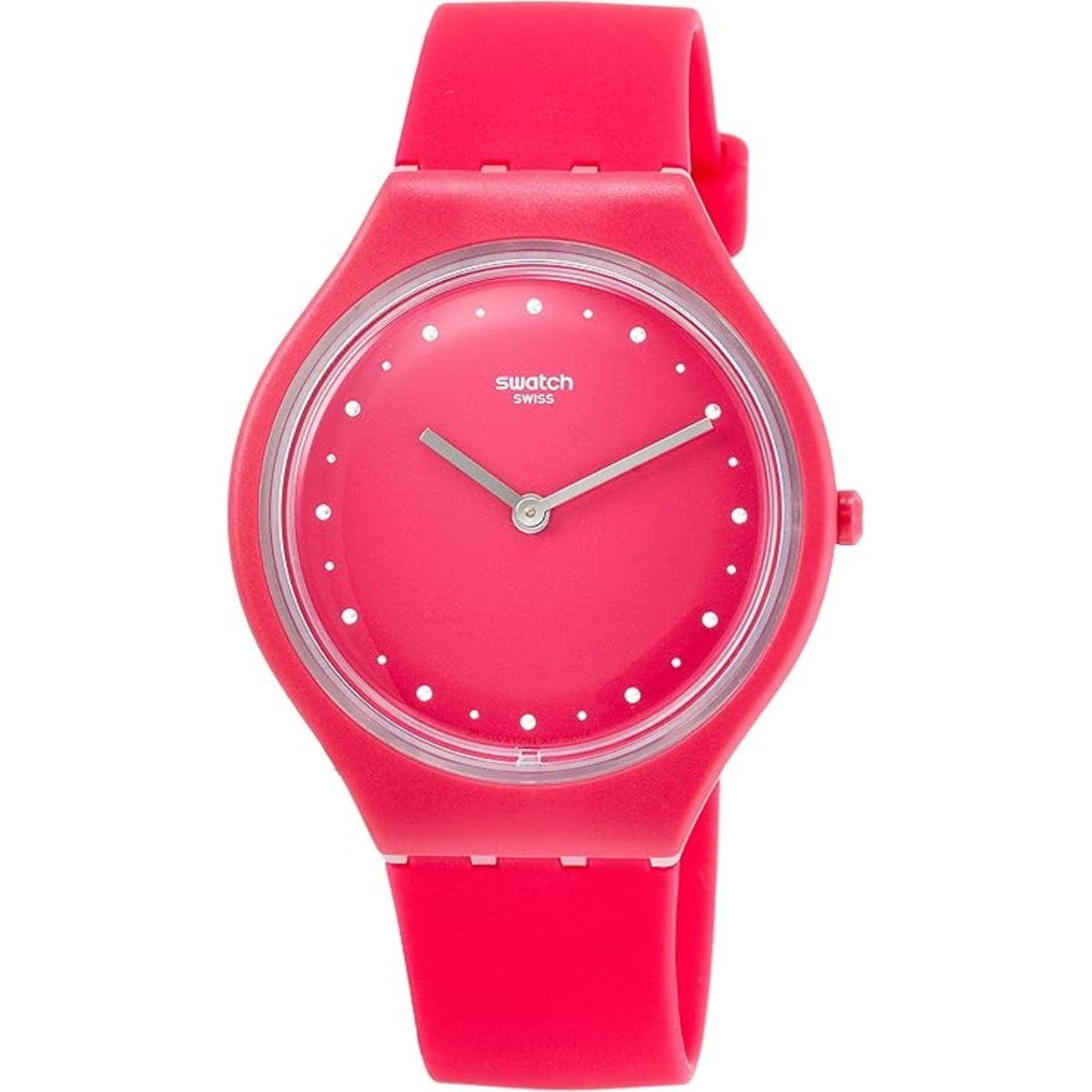 Ladies round Swatch wristwatch with pink dial, dot markers, and pink silicone strap