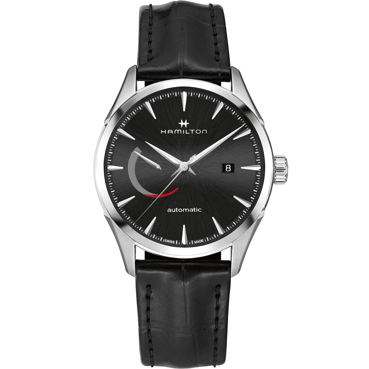 Men's automatic wristwatch with black dial, power reserve arc, steel case, black leather strap