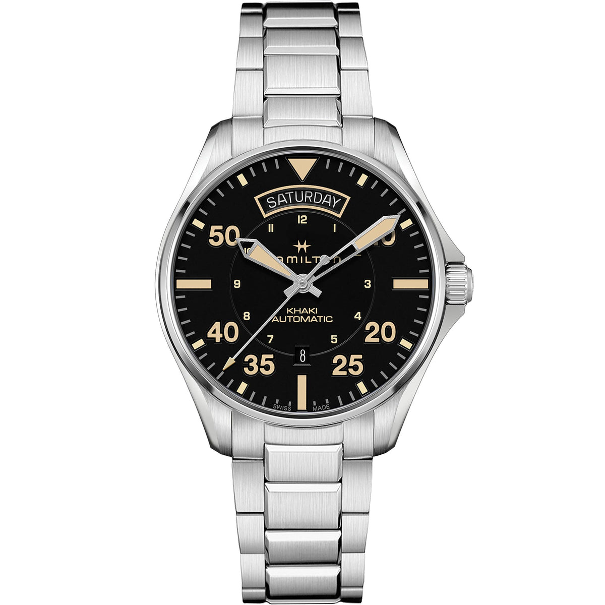 Hamilton Khaki 42mm automatic watch featuring black dial, steel bracelet, gold hour markers