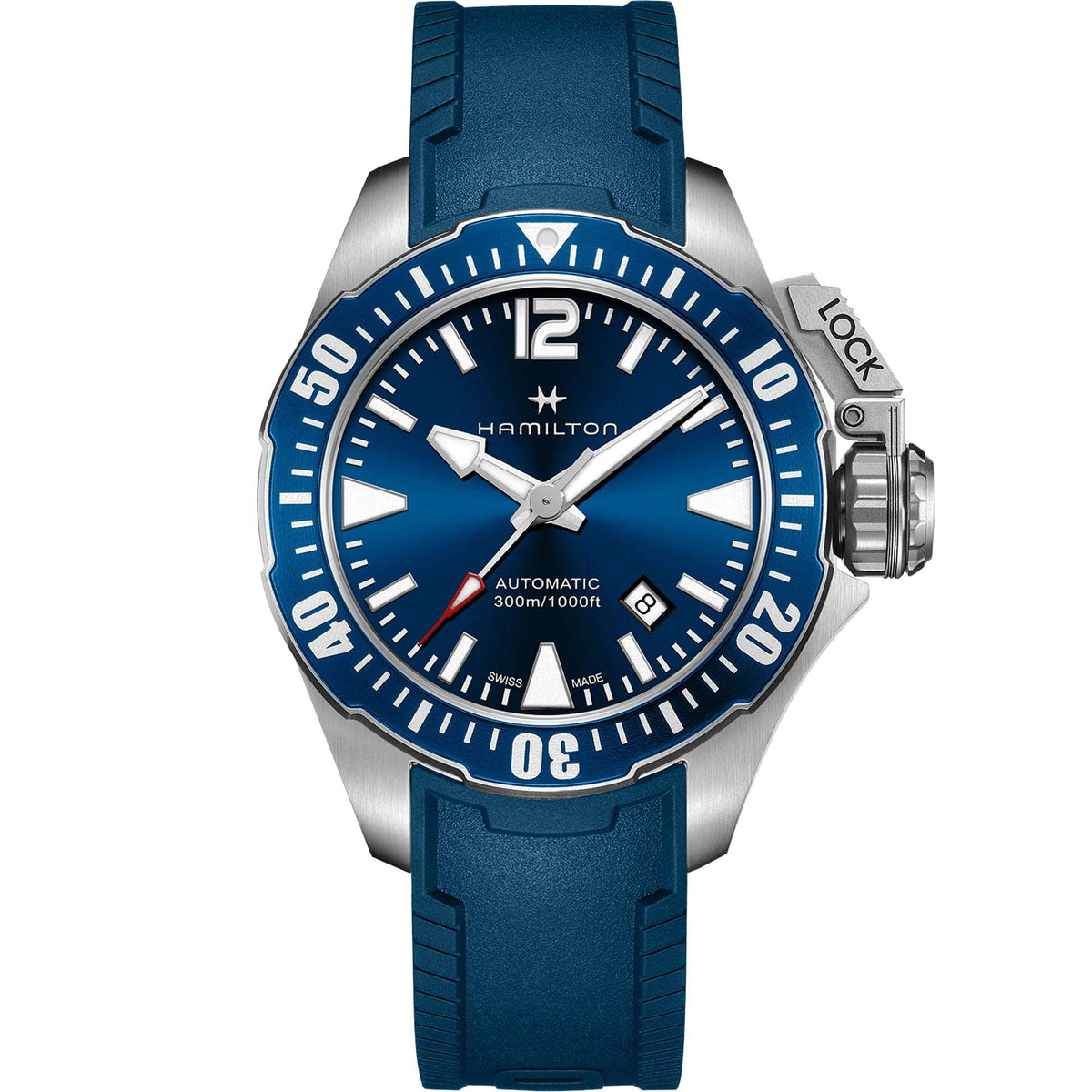 Hamilton men's automatic diver watch, blue dial, blue silicone strap, blue bezel