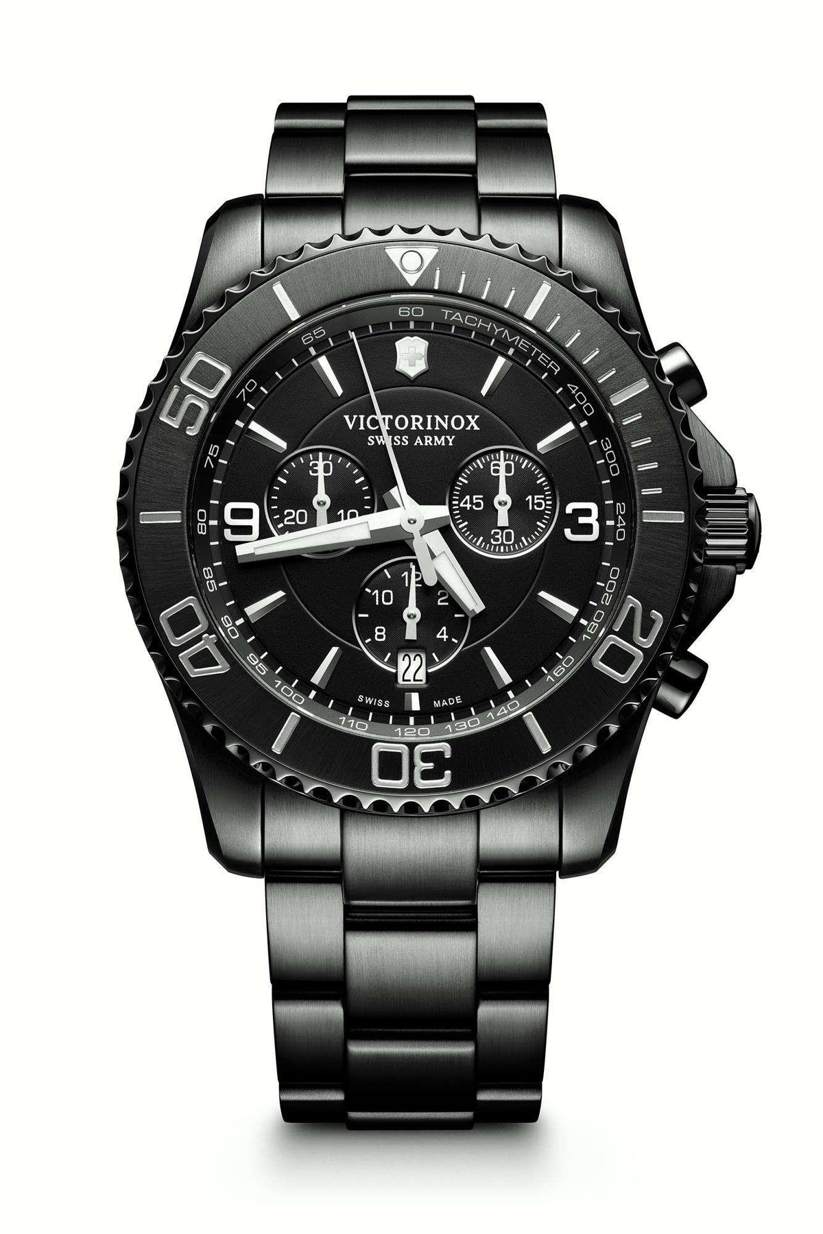 Men's black chronograph wristwatch with tachymeter bezel, three subdials, metal link strap