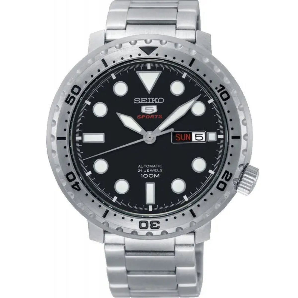 Seiko 5 Sports automatic men's watch with black dial, silver bezel, and Sun 5 date
