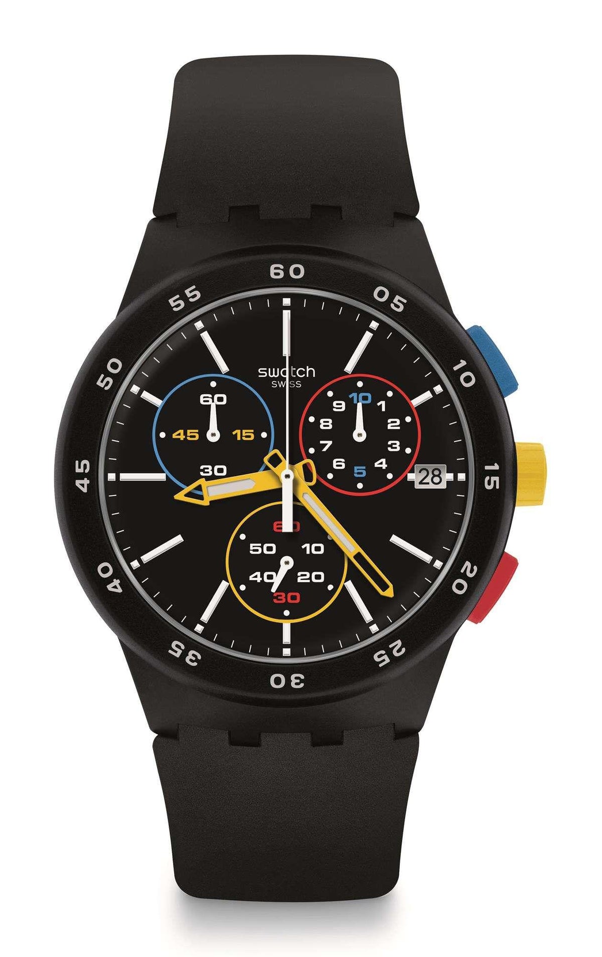 Men's black silicone chronograph watch, black dial with three subdials and gold-tone accents