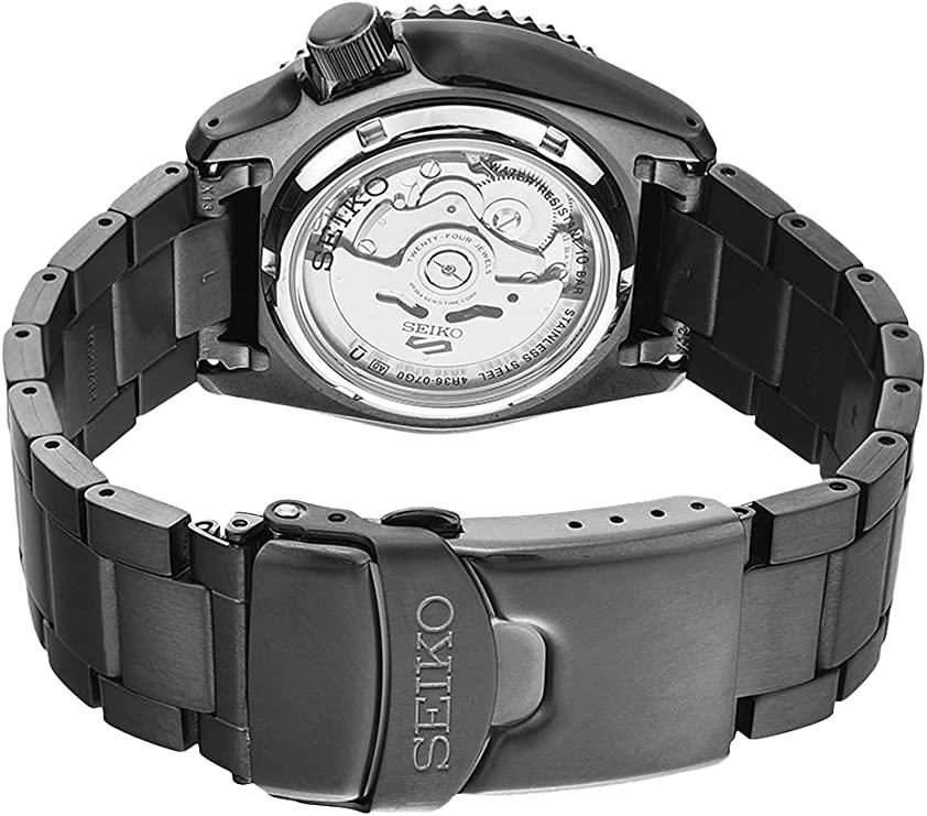 Seiko 5 Sports automatic men's watch with visible movement and black dial, stainless bracelet