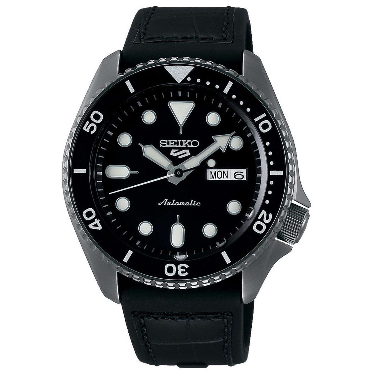 Men's automatic watch front view with black dial, black leather strap, and crown at right.