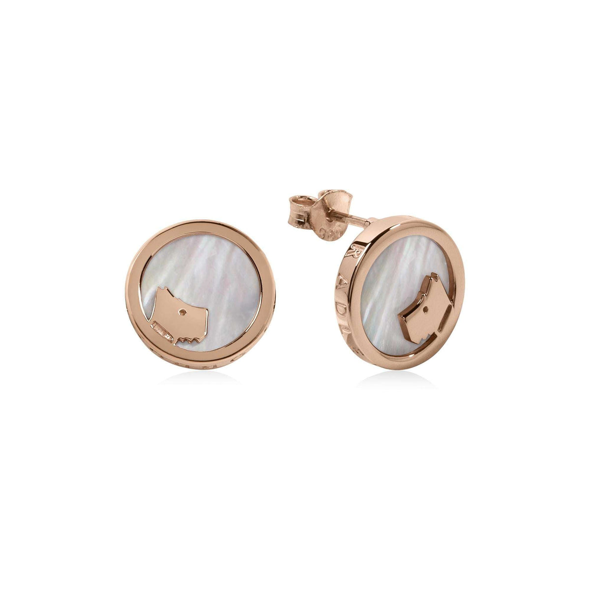 Rose gold dog stud earrings with round MOP discs in polished bezel